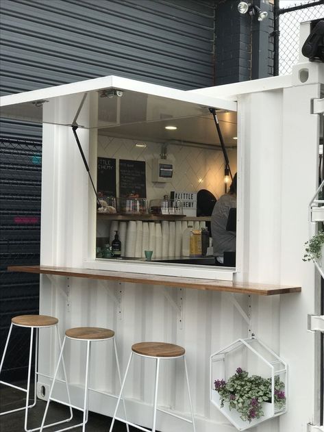 Shipping Container Commercial Buildings, Coffee Shop Container Design, Cafe Small Business, Micro Cafe Design, Container Food Design, Container Cafe Design Coffee Shop, Cafe Stall Design, Container Van Coffee Shop, Coffee Stall Ideas