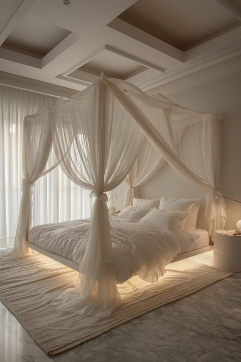 29 Canopy Bed Ideas for a Dreamy Bedroom White Bed With Canopy, Gold Metal Canopy Bed Frame, Bedroom Inspo Canopy Bed, Floating Bed With Curtains, Bed Princess Canopy, Suspended Bed Canopy, Bedroom With Only Bed, Bedroom Ceiling Drapery Ideas, Canopy Bed Teen Room