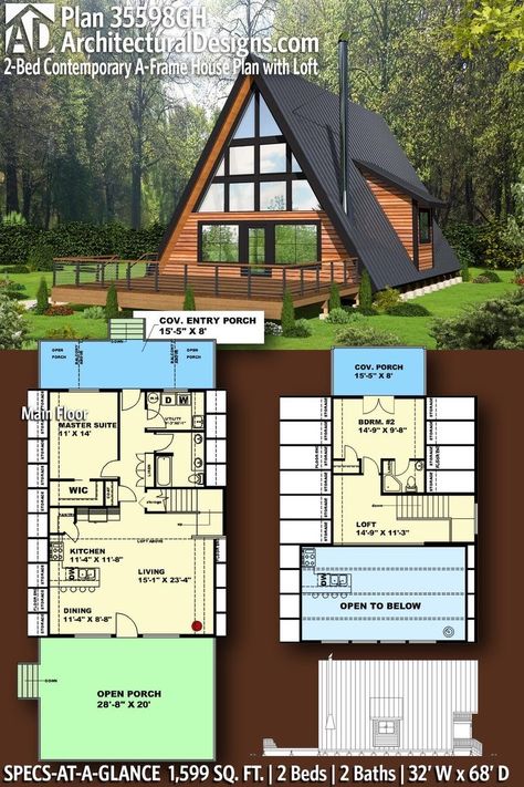 Reka Bentuk Rumah Kecil, A Frame Floor Plans, Loft House Plans, Frame House Plans, Design Casa Piccola, Mountain Ideas, Frame Cabins, Loft Floor Plans, Bed Contemporary