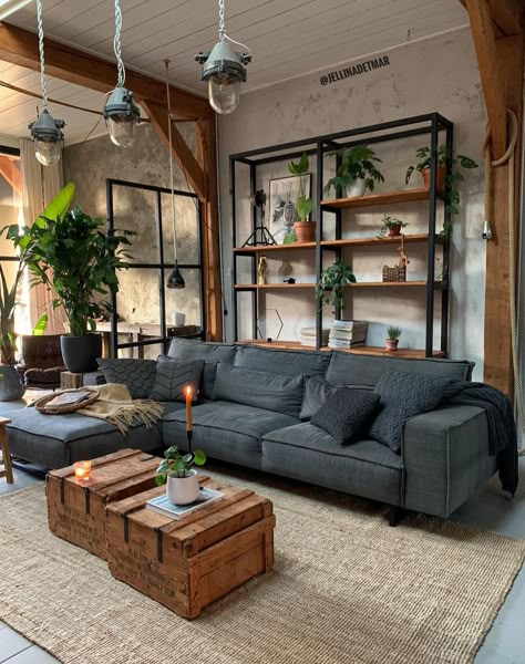 industrial living room lighting Industrial Chic Living Room, Industrial Decor Living Room, Industrial Style Living Room, Industrial Boho, Sofa Design Ideas, Furnitur Ruang Keluarga, Interior Design Per La Casa, Industrial Livingroom, Industrial Living