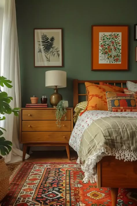 25 Stunning Green Accent Wall Ideas for Bedrooms - DailyHomeSafety Green Walls Orange Accents, Green Statement Wall, Statement Wall Ideas, Green Accent Wall, Layered Bedding, Fall Bedroom Ideas, Green Accent Walls, Ideas For Bedrooms, Cozy Fall Bedroom