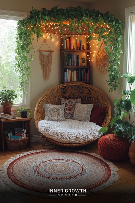 A cozy corner with a wicker chair, bookshelves, and hanging plants creates a serene reading nook. Nurture Your Soul, Nook Decor, Meditation Corner, Cozy Reading Corners, Bedroom Corner, Colors And Patterns, Reading Nooks, Book Corners, Dream Rooms