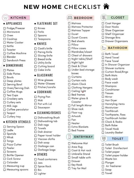 First Home Essentials, First Home Checklist, Moving House Tips, Home Checklist, First Apartment Tips, House Checklist, New Home Essentials, First Apartment Essentials, New Home Checklist