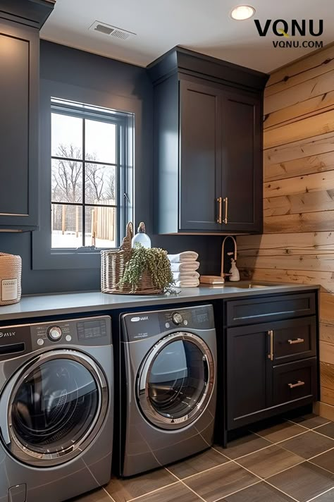 Manly Laundry Room, Laundry Room Ideas Dark Cabinets, Dark Gray Washer And Dryer Laundry Room, Mountain Home Laundry Room, Masculine Laundry Room, Barndominium Laundry Room Ideas, Modern Farmhouse Laundry Room Design, Rustic Modern Laundry Room, Laundry Room With Dark Appliances