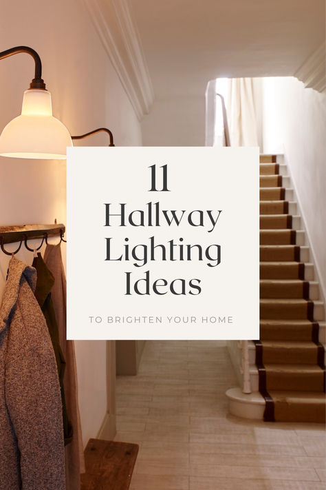 A spacious hallway with opal glass wall lights. Sconces On Stairs, Hallway With Wall Lights, Sconces In Hallway Ideas, Light Fittings Hallway, Lighting For Dark Hallways, Entryway Hallway Lighting, Lights For Stairwell, Entrance Way Lighting, Hallway With Pendant Lights