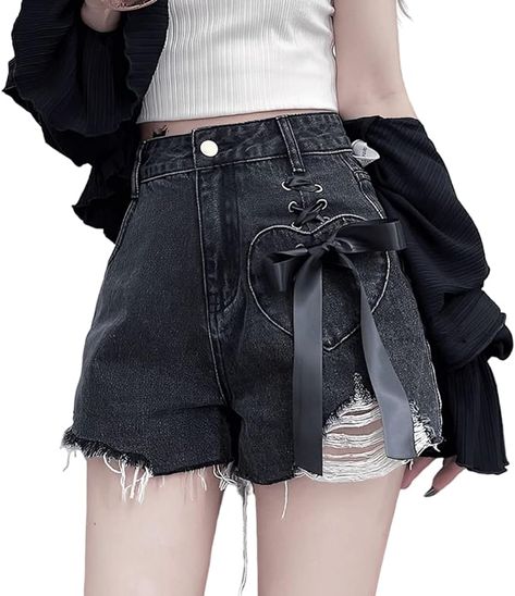 ZLMuMulin Y2K Harajuku Style Kawaii Pastel Gothic Fashion High Waisted Wide Leg Vintage Ribbon Ripped Jeans Shorts Goth Kawaii Fashion, Vintage Y2k Outfits, Drama Clothes, Harajuku Fashion Kawaii, Ripped Jeans Shorts, Kawaii Shorts, Grey Clothing, Pastel Goth Outfits, Y2k Harajuku