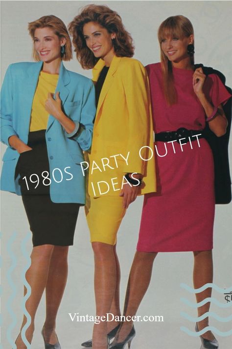 Bring on the eye popping colors! These 1980s outfits are a blast to wear at your next party. Girls and guys outfit ideas at VintageDancer.com 80s Blazer Outfit Party, 1980s Couples Costume Ideas, 80s Power Suit For Women, 80’s Fancy Dress, 80 Theme Party Outfit 80s Style, 1980s Outfit Ideas, 80s Womens Outfits, 80s Party Outfits Couples, 1980s Party Outfits