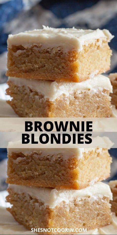 This easy recipe for brownie blondies has easy to follow step-by-step instructions and photos. These brownies have a dense texture, sweet butterscotch flavour and a luscious cream cheese icing. Church Desserts, Chocolate Coconut Brownies, Blondies Brownies, Blondies Recipe Easy, Blondie Recipes, Butterscotch Brownies, Blondie Recipe, Blondies Recipe, Blondie Brownies