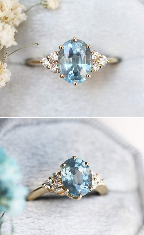 Something Blue Engagement Rings! 13 Most Beautiful Blue-Hued Gemstone Rings For A Romantic Proposal - Praise Wedding Blue Dimond Rings, Baby Blue Engagement Ring, Blue Topaz Engagement Rings, Vintage Blue Engagement Rings, Blue Gem Engagement Ring, Colored Gem Engagement Rings, Blue Moissanite Ring, Unique Blue Engagement Rings, Engagement Rings Blue Diamond