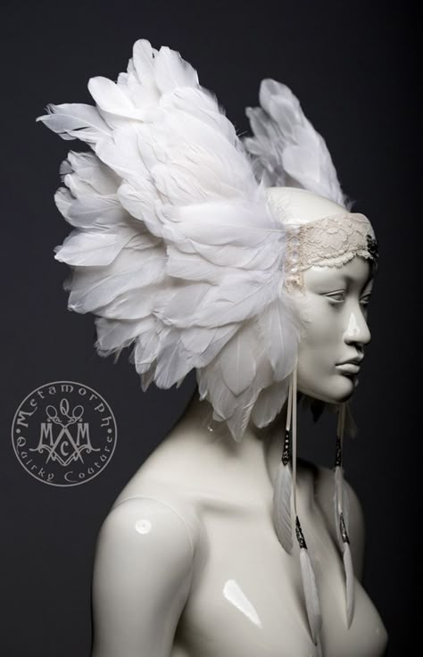 White Feather Headpiece, Winged Headpiece, Extra Wide Headband, No Slip Headbands, Pagan Wedding, Wedding Headdress, Feather Headdress, White Goose, Bird Skull