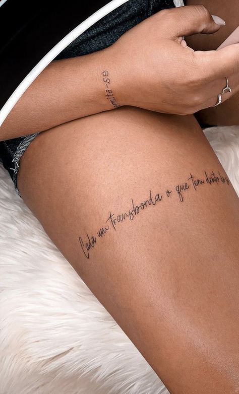 Quote Leg Tattoos Women, Thigh Word Tattoo, Miniature Tattoo, Rose Flower Photos, Leo Tattoos, Leg Tattoos Women, Thigh Tattoos Women, Tattoo Feminina, Leg Tattoo