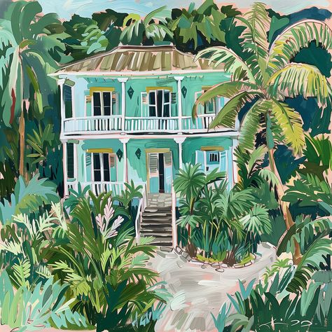 Caribbean House Canvas Romantic Print Mint and Green Print Tropical Home Caribbean Postcard, Barbados Art, Key West Style Homes, Caribbean House, Caribbean Colors, Caribbean Decor, Aqua And Green, House Canvas, Caribbean Homes