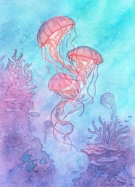 Underwater Galaxy, Naomi Vandoren, Underwater Drawing, Watercolor Jellyfish, Ocean Drawing, Sea Drawing, Jellyfish Painting, Underwater Painting, Jellyfish Art