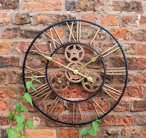 Large Outdoor Garden Wall Clock Big Roman Numerals Giant Open Face Metal 58cm | eBay Outdoor Skeleton, Garden Clocks, Outdoor Wall Clocks, Industrial Clock Wall, Skeleton Clock, Outdoor Clock, Wall Opening, Metal Clock, Backyard Inspo