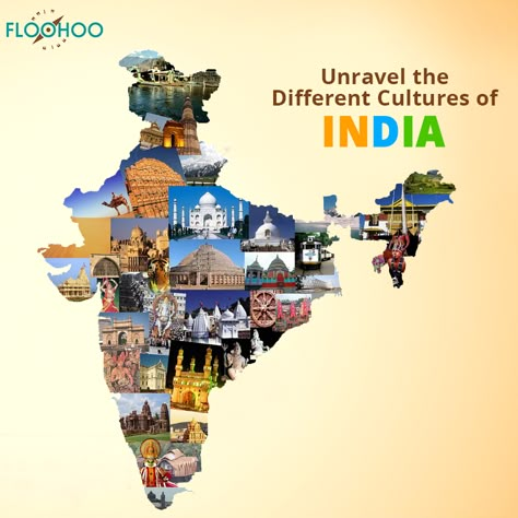 Unravel the Different Cultures of India Our homeland is truly endowed with diverse cultures,varied heritage, ancient traditions,glorious landscapes and variety of flavours.  Visit Our website to book a tour to India. For more details you can always reach us @ 099957 66691. We are happy to assist you.  #FloohooTravels #IndiaTourPackges #IncredibleIndia #SouthIndiaTourPackages #NorthIndiaTourPackages #IndiaTourism India Heritage Poster, Monuments Of India Collage, Tourism In India Project, Cultural Diversity India, Indian Heritage Aesthetic, Indian Tourism Poster, 3d Map Design, Incredible India Posters, Countries For Kids