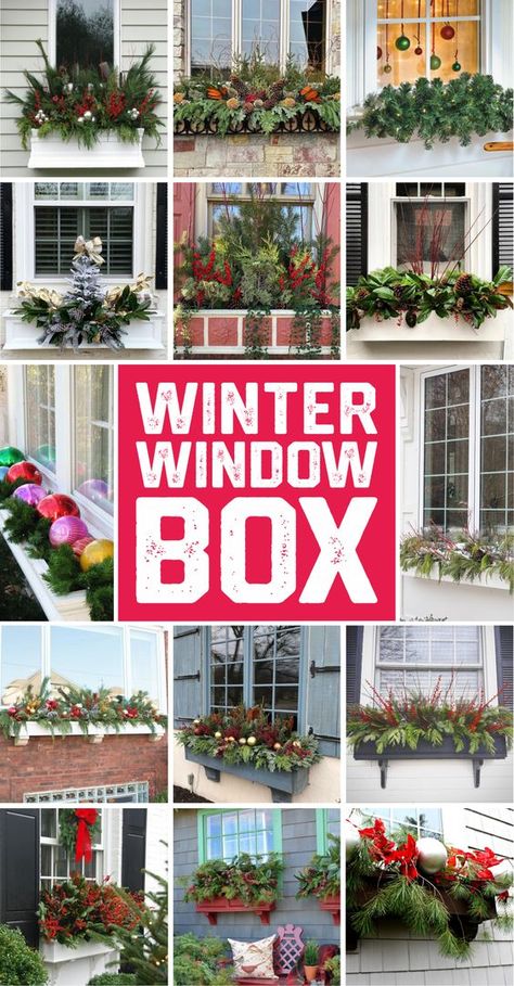 Basically, it is great if you can grow some plants in your window box, but, if it is impossible, then you can simply do some arrangements by using some durable materials. In this case, you can use the fake ones, the dried plants, or the real evergreen that can stay long before being withered. Then, you may add some winter ornaments like Christmas balls, candy canes, ribbons, etc. See the following pictures to get inspiration. #winterwindowbox #windowboxideas Xmas Window Boxes, Christmas Window Boxes Outdoor Diy, Outdoor Christmas Window Decor, Christmas Outdoor Window Boxes, Christmas Outdoor Window Decorations, Outdoor Christmas Boxes, Christmas Planter Boxes, Christmas Flower Boxes Outdoor, Winter Window Boxes Outdoor