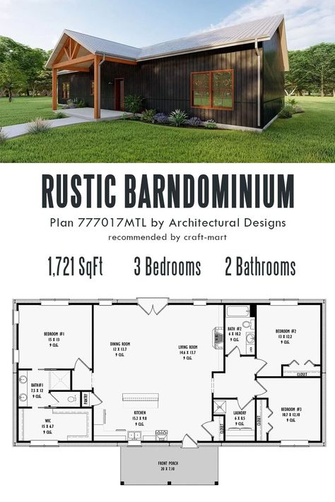 You will enjoy the clarity of this functional barn-style floor plan! The great room, dining room, and kitchen merge into one space to create a comfortable area for family and friends to enjoy while French doors take you outside. An open gable with decorative trusses adds rustic character to this small barndominium. Small Rustic Barndominium, Medium Sized Barndominium, Outside Of Barndominium, Low Cost Barndominium, Log Cabin Barndominium, Mini Barndominium Floor Plans, Decorative Trusses, Simple Barndominium Ideas, Small Barndominium Floor Plans