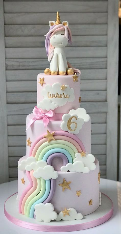 35. 6th Birthday Three Tier Unicorn Birthday Cake When you start planning any party, you want to be creative—whether it is your decoration, dress,... Unicorn Rainbow Cake Birthday, Unicorn Theme Cake, 1st Birthday Cake Designs, Unicorn Rainbow Cake, Unicorn Cake Design, Unicorn Birthday Party Cake, Rainbow Unicorn Cake, 5th Birthday Cake