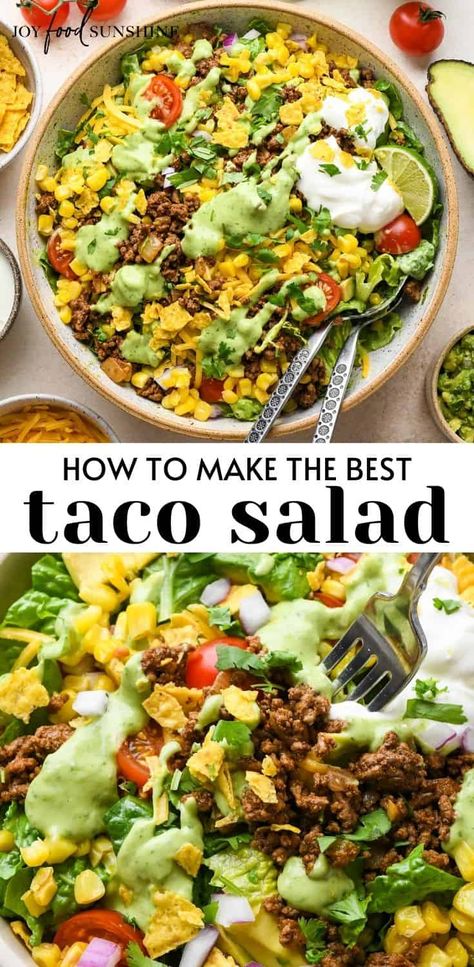 This is the best taco salad recipe! Lettuce, taco meat, veggies, herbs, cheese and toasted corn are tossed in a delicious homemade dressing for a bold, flavorful and delicious salad perfect for taco nights! Best Taco Salad Recipe, The Best Taco Salad Recipe, Best Taco Salad, Taco Fixings, Taco Salad Recipe Healthy, Easy Taco Salad Recipe, Toasted Corn, Mexican Salad Recipes, Taco Salad Bowls