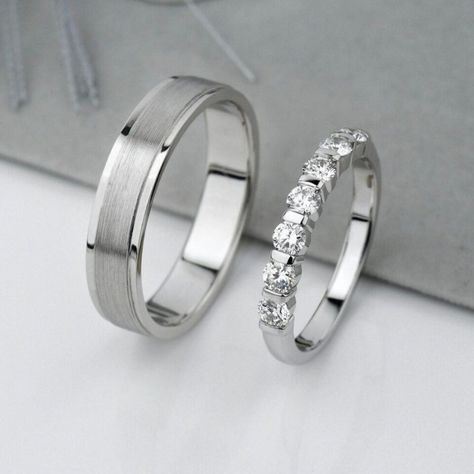 Get ready to take your relationship to the next level with these elegant and timeless wedding band sets! 💍 Made of solid 14K and 18K white gold and featuring natural, very slightly included (VS1) diamonds, these sets are perfect for engagements, weddings, or anniversaries. Personalize your bands now! #weddingbands #diamonds #solidgold #brideandgroom #eternallove  #eBay #Diamante #Handmade #Beauty #Eternity Wedding Rings For Him And Her Matching Set, Matching Silver Wedding Rings, Couples Wedding Bands White Gold, White Gold Matching Wedding Bands, Wedding Bands Him And Her, Bride And Groom Ring Sets, Husband And Wife Wedding Bands, Wedding Bands His And Hers Silver, Wedding Bands White Gold His And Hers