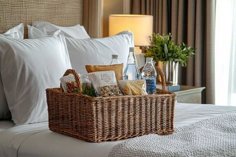 20 Guest Bedroom Ideas That Will Make Guests Never Want to Leave! Guest Bedroom Gift Basket Ideas, Guest Bedroom Welcome Basket, Guest Bedroom Basket Ideas, Guest Basket Ideas Overnight, Overnight Guest Welcome Basket, Guest Room Basket Ideas, Guest Room Welcome Basket Ideas, Guest Room Basket, Guest Room Baskets