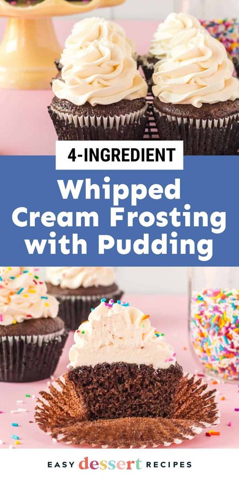 This whipped cream frosting with pudding is super light and fluffy and won't melt! It's the perfect topping for any dessert! Cake Recipes With Whipped Cream Frosting, Birthday Cake With Whipped Frosting, Pudding Icing With Cool Whip, Whipped Cream Frosting For Cupcakes, Jello Pudding Frosting Recipe, Heavy Cream And Pudding Frosting, Heavy Cream And Pudding, White Chocolate Pudding Frosting, Magic Whipped Cream Frosting