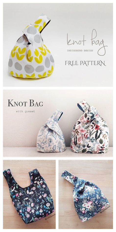 DIY Japanese Knot Bag Free Sewing Patterns | Fabric Art DIY Knot Purse Pattern, Japanese Bag Sewing Patterns, Bento Yarn Bag Pattern, Japanese Knot Bag Sewing Pattern, Knot Bag Sewing Pattern, Sewing Patterns For Bags Free, Diy Knot Bag, Bunny Bag Sewing Pattern, Japanese Purse Patterns