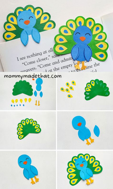 Peacock Bookmark Craft (With Free Printable Template) Thaipusam Art And Craft For Kids, Peacock Printables Free, Peacock From Paper, Peacock Diy Crafts, Peacock Template Free Printable, Peacock Classroom Theme, Peacock Craft Preschool, Peacock Art And Craft, Cute Peacock Drawing