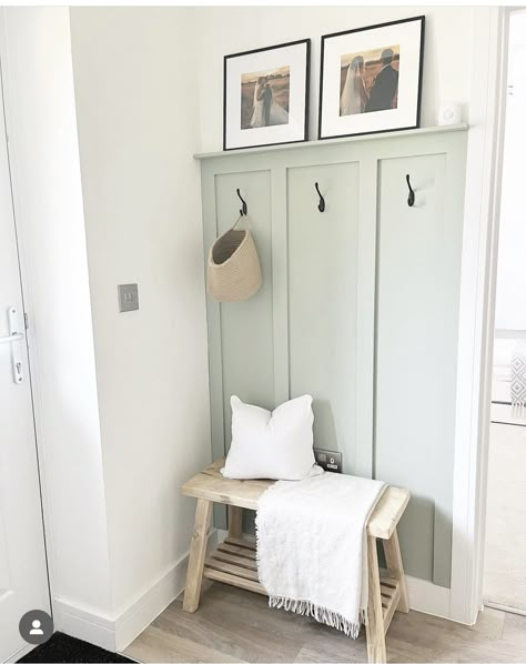 Small Vestibule Ideas Entrance, Small Front Door Decor Entrance Inside, Small Entryway With Stairs Entrance, Stair Landing Coat Hooks, How To Decorate A Landing Area, Front Entrance Coat Hooks, Small Cottage Hallway, Hallway Long Narrow, Panelling Hallway Entryway