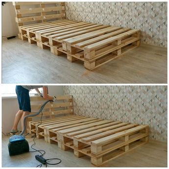 HI! Today i will show you how to make simple bed frame from standard EUR pallets (120 cm x 80 cm) for a 100 cm x 200 cm bed. It took me about 4-5 hours to complete, designing as we went. Materials:7 standard EUR pallets (120 CM long x 80 cm wide) In Europe, all pallets are safe to use - just look for HT for heat treated. But i ordered a new pallets, so i'm fully sure that they are safe for health. If you will use old pallets, make sure your pallets don't have nasty stuff on them b… Pallet Bed Frame Diy, Wood Pallet Beds, Pallet Bed Frames, Make A Bed, Pallet Bed Frame, Simple Bed Frame, Diy Pallet Bed, Pallet Beds, Pallet Bed