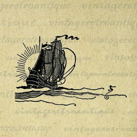 Sunset Graphic, Vintage Clip Art, Image Vintage, Ship Tattoo, Printing Fabric, Antique Artwork, Prints Fabric, Vintage Printable, Clip Art Vintage