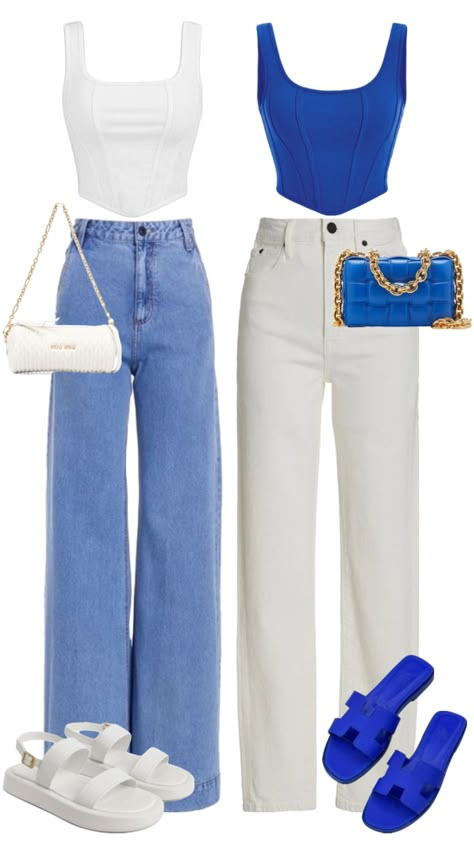 Blue Look Outfit, White And Blue Dress Outfit, Blue Women Outfit, Blue On Blue Outfit, Blue Sandals Outfit, Blue And White Outfit Ideas, Cute Blue Outfits, Blue Heels Outfit, Blue White Outfit