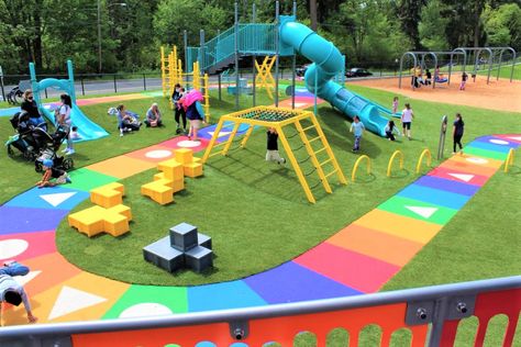 New West Fenwick Park Playground Will Enthrall Seattle-Area Kids and Families | ParentMap Daycare Backyard, Playground Design Plan, Colorful Playground, Chutes And Ladders, Kids Outdoor Playground, Outdoor Kids Play Area, Cool Playgrounds, Play Area Backyard, Playground Areas