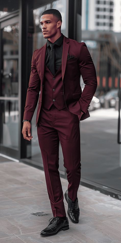 Stylish Fall Wedding Guest Outfit for Men: Burgundy Suit Ideas Formal Christmas Outfit Men, Burgundy Suit For Men, Crimson Suit Men, Deep Red Suit Men, Jewel Toned Wedding Party, Black And Maroon Groomsmen Attire, Mens Gala Attire, Suit Ideas For Men Wedding, Burgundy Suit Men Wedding Groomsmen