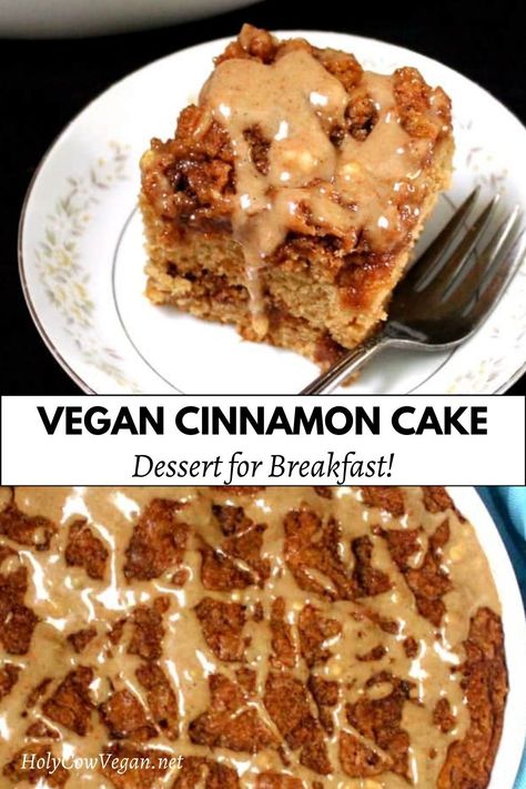 A fluffy, moist vegan cinnamon cake with cinnamon streusel and vanilla glaze Vegan Cinnamon Roll Cake, Vegan Cinnamon Cake, Soy Free Cake, Plant Based Baking, Cinnamon Bun Cake, Foods For Skin, Cinnamon Swirl Cake, Cinnamon Streusel Topping, Cake With Cinnamon