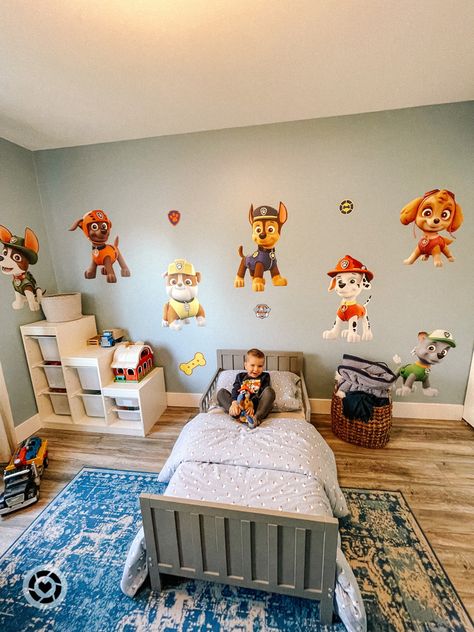 My 3 year olds Paw Patrol themed bedroom. Use code Monikasollis20 on Fathead’s website to get 20% off the decals! #toddler #pawpatrol #kidsroom #kidsroomdecor Toddler Boys Room Paw Patrol, Toddler Girl Paw Patrol Bedroom, 3 Year Boy Room Ideas, Paw Patrol Room Ideas Toddler Girl, Two Year Old Bedroom Boy Rooms, Paw Patrol Toddler Room Boys, Paw Patrol Boys Bedroom, Paw Patrol Room Ideas, Paw Patrol Room Ideas Toddler Boys