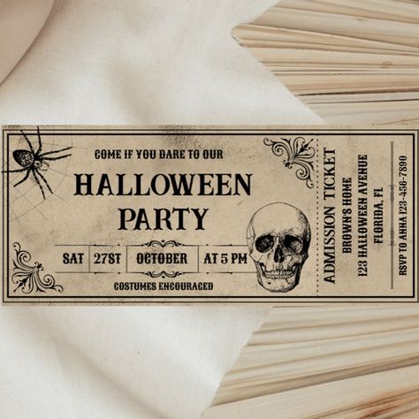 Horror Themed Birthday Party Invitations, Halloween Ticket Design, Horror Birthday Invitations, Halloween Invations Ideas, Halloween Party Invitations For Adults, Halloween Invitation Ideas, Halloween Party Tickets, Costumes And Cocktails, Vintage Halloween Party Invitations