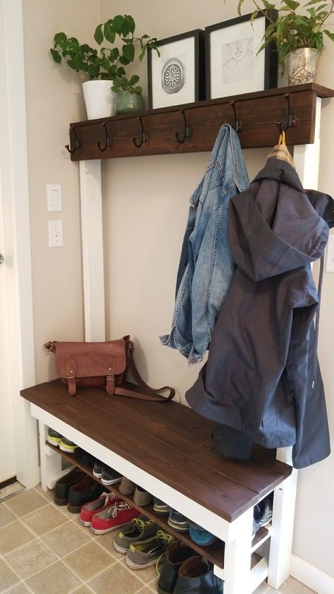 Shoe And Coat Rack, Diy Shoe Rack Ideas, Shoe Storage Bench Entryway, Coat Rack Bench, Diy Entryway Bench, Diy Coat Rack, Bench Mudroom, Entryway Coat Rack, Diy Coat