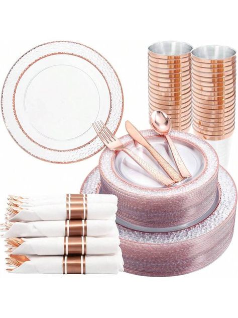 Liacere 350PCS Resuable Rose Gold Plastic Plates-Clear Rose Plates 50 Guests Include 50 Dinner Plates, 50 Salad Plates,50 Forks,50 Knives,50 Spoons,50 Cups,50 Napkins For Wedding&Party&Mother's Day | SHEIN USA Pink And Gold Plate Setting, Rose Gold Dinner Table Decor, Rose Gold Table Decorations, Rose Gold Table Decor, Rose Gold Decorations, Rose Gold Silverware, Rose Gold Rims, Gold Fork, Napkins For Wedding