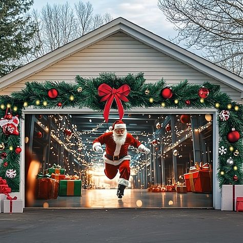 Garage Door Xmas Decoration, Christmas Elves Outdoor Decorations, How To Decorate Garage Door Christmas, Store Front Christmas Decorations, Holiday Outside Decor, Christmas Garage Door Covers, Side Of House Christmas Decorations, Garage Door Decorations For Christmas, Townhouse Outdoor Christmas Decor