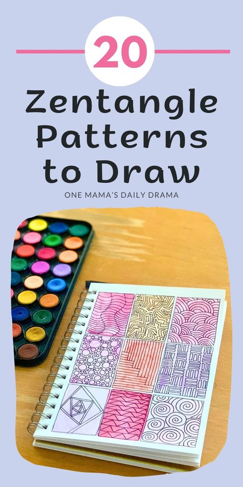 Learn how to draw zentangle patterns and doodles to create when you're bored or need easy creative art ideas. I shared 20+ pattern ideas on One Mama's Daily Drama to make getting started fun and easy! Beginner Art Ideas Pencil, Tangle Art Patterns Simple, Zentangle Art Step By Step, Mini Zentangle Art, How To Draw Zentangle Patterns, Zentangle Ideas Easy, Beginner Zentangle Patterns Step By Step, How To Draw A Train, Zen Doodle Art Ideas