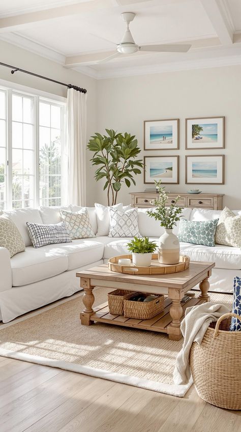 Coastal Living Room Decor Inspiration Warm Coastal Living Room, Coastal Beach House Living Room, Beach Condo Decorating Ideas, Coastal Chic Interior Design, Coastal Casual Living Room, Coastal Living Room Decor, Beach Condo Decor, Coastal Chic Decor, Modern Coastal Living Room