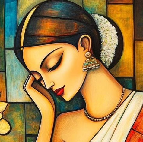 Indian Women Acrylic Painting, Easy Penting, Potrait Rangoli Ideas, Unique Portrait Art Drawings, Some Creative Ideas, Womanhood Painting, Gujarati Painting, Potrait Rangoli Designs, Beautiful Paintings Creative