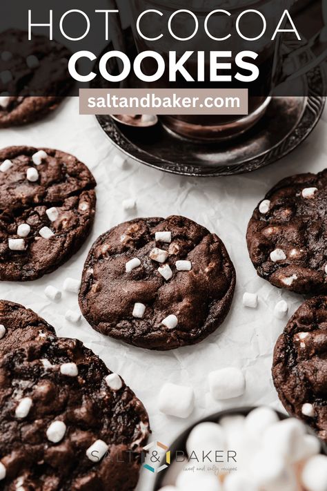 Embrace the cozy flavors of a comforting mug of hot cocoa in every bite! Indulge in these irresistible Hot Chocolate Cookies—soft, chewy centers, crisp edges, and a delightful blend of Dutch cocoa, marshmallow bits, and chocolate chips. Perfect for festive gatherings or a cozy night in! Mexican Hot Cocoa Cookies, Frozen Hot Chocolate Cookies, Red Velvet Hot Cocoa Cookies, Cookies And Hot Chocolate, Hot Chocolate Cookie Cups, Coal Cookies, Hot Chocolate Cookies Recipe, Hot Cocoa Cookies Recipe, Hot Chocolate Marshmallow Cookies