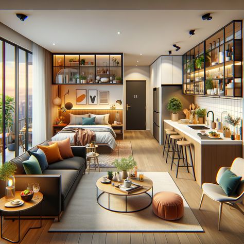 Aesthetic Apartment! Studio Apartment Plan, Studio Flats, Living Room And Bedroom Combo, My Own Place, Single Apartment, Flat Interior Design, Tiny Studio Apartments, Mini Apartments, Studio Apartment Living