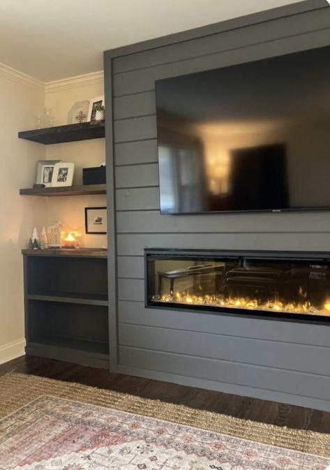 Built In With Fireplace Insert, Fireplace Wall Shelving Ideas, Fireplace With Tv And Built Ins On Both Sides, Recessed Tv And Fireplace Wall, Master Fireplace Built Ins, Fake Fireplace With Electric Insert, Built In With Mantle, Wall Unit With Electric Fireplace And Tv, Diy Living Room Fireplace Built Ins