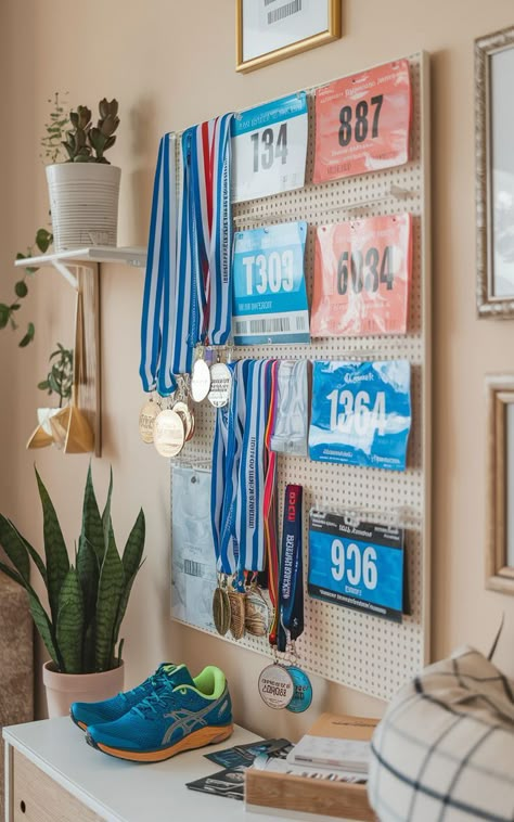 A neatly organized display board featuring a collection of race bibs and medals. Race Bib Wall, Running Display Ideas, Race Medal And Bib Display Ideas, Medals In Room, Running Room Ideas, Display Running Bibs And Medals, Running Bib Display Ideas, Medal Shadow Box Ideas, Display Medals Ideas