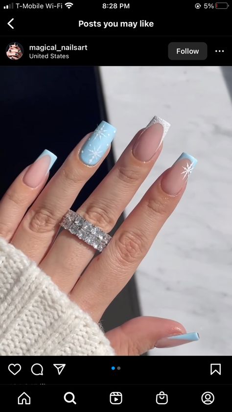 Short White Christmas Acrylic Nails, French Tips And Snowflakes, Baby Blue And White Christmas Nails, Blue Christmas Nails Winter Snowflake Designs White, Birth Nails Mom Boy, Light Blue French Tip With Snowflake, Winter Square Nails Short, Blue Xmas Nails Short, Winter Nail Inspo 2024 Square