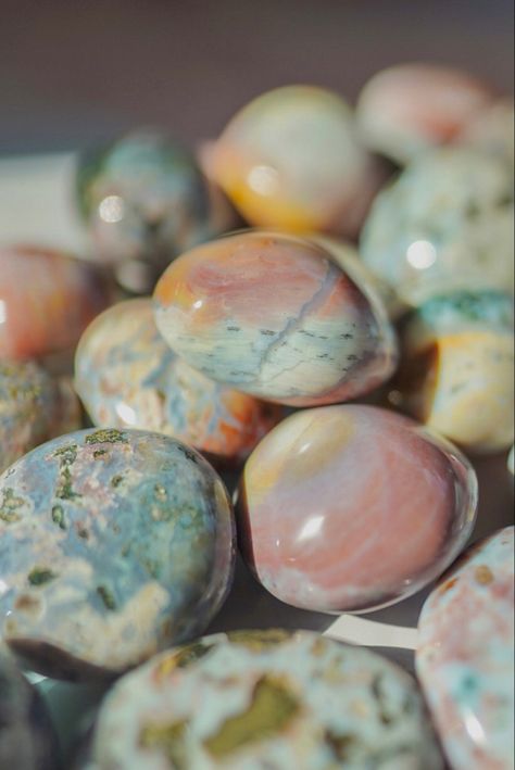 Natural healing crystal palmstones colorful and pastel with pyrite and Quartz Jasper Aesthetic, Moodboard Images, Sea Jasper, Princess Warrior, Foaming At The Mouth, Jasper Stone, Ocean Jasper, Crystal Shop, Healing Crystals