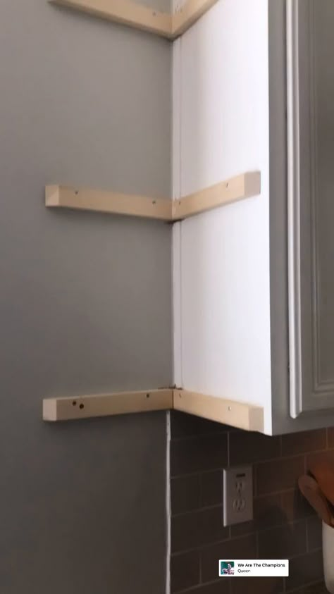 How To Build A Shelf In A Cabinet, How To Corner Shelves, Kitchen End Cabinet Display, Corner Kitchen Self, Corner Nook Shelves, Wall Mounted Corner Cabinet, Diy Shelves Over Kitchen Sink, Diy Storage For Small Kitchen, Side Of Cabinet Ideas Kitchen